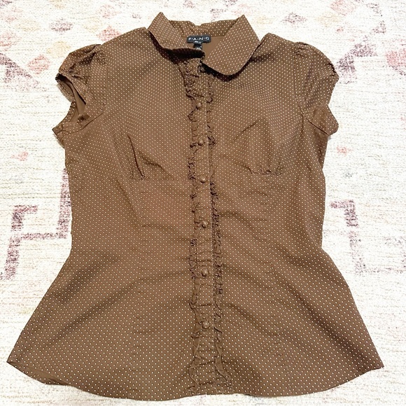 Y2K fang Brown polka dot blouse with ruffles and button-up front size large - Picture 10 of 14